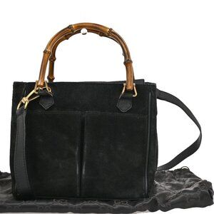 GUCCI Logo Bamboo 2Way Shoulder Handbag Suede Leather Black GHW Italy 64DA267
